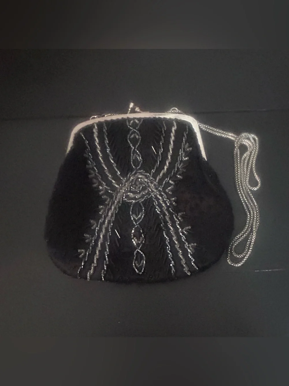 Vintage Regale Ltd Black Beaded Evening Bag Kiss Lock Clutch Purse Chain Strap